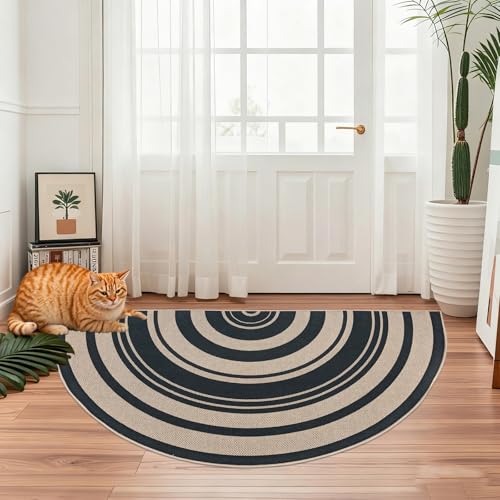 Easy Jute Rug 2.6x5Ft Half Round Rainbow Carpet for Farmhouse Bedroom Entrance, Non-Slip Half Circle Thin Neutral Floor Mat for Living Room Patio Kids Room Kitchen, Indoor Outdoor, Black 1 - color: Black 1, size: 2.6'x5'