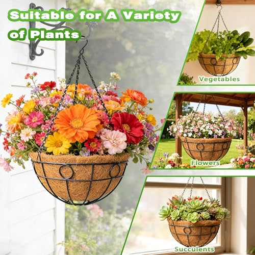 2 Pack 12 Inch Metal Outdoor Hanging Baskets Black Heavy Duty Hanging Planters with Coco Liners for Indoor Outdoor Plants Gardens Patios Terraces（Round） - color: Round