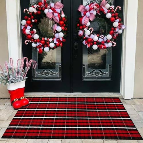 Buffalo Plaid Outdoor Rug, 3' x 5' Christmas Red & Black Check Indoor/Outdoor Area Rug, Layering Rug for Hello/Welcome Door Mat, Machine Washable Cotton Woven Farmhouse Mat for Front Porch Décor - color: Christmas Plaid, size: 3' x 5' (Rectangular)
