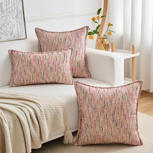 Premium Series Fringe Boho Throw Pillow Cover, Linen Woven Luxury Thick Cushion Case with Tassels for Home Décor, Pink, 18x18 Inch - color: Pink, size: 18" x 18" (Pack of 1)