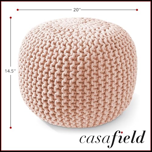 Casafield Round Pouf Ottoman, Light Pink - 20" Diameter x 14.5" High Cotton Knit Foot Stool - Boho Floor Pouffe for Living Room, Bedroom, Home Office - color: Light Pink, size: 20"D x 20"W x 14.5"H