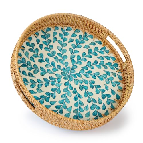 YANGQIHOME Round Rattan Tray with Handle, Mother of Pearl Inlay Decorative Wicker Basket for Coffee, Bread, Fruits, Serving Tray for Home Decor, Blue Clover - color: Blue Clover, size: 13.8"