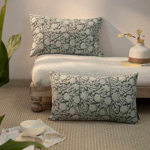 Handblock Printed Vintage Indian Cotton Decorative Throw Pillow Covers, Set of 2 (Iron Grey, 12" x 20" (Pack of 2)) - color: Iron Grey, size: 20" x 12" (Pack of 2)