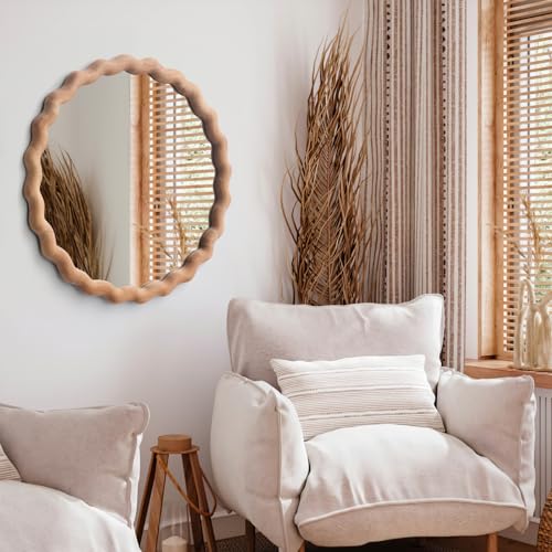 sawsile Circle Wood Mirrors for Wall, 30" Large Irregular Wavy Wood Modern Boho Vanity Farmhouse Mirrors for Bedroom Living Room Entryway Hallway Fireplace - size: 30"L x 30"W