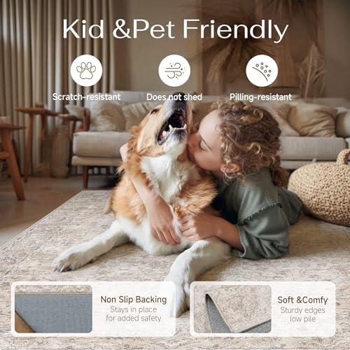 HUGEAR Area Rugs 6x9 Washable Rug for Living Room Bedroom Beige Vintage Rug Carpet Low Pile Non Slip No Shedding Soft Durable Indoor Dining Room Home Decor Floor Mat - color: Beige, size: 6' x 9' (Rectangular)