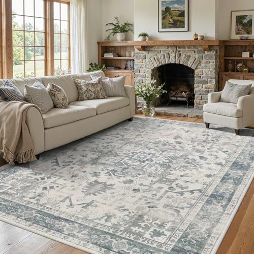 Rugxara Area Rugs 5x7, Washable Rugs for Living Room, Vintage Boho Light Blue Rug for Office, Dining Room, home decorKids Room and Farmhouse,Home Decor Durable Low Pile Non-Slip for High Traffic Areas - color: Blue & Grey, size: 5' x 7' (Rectangular)