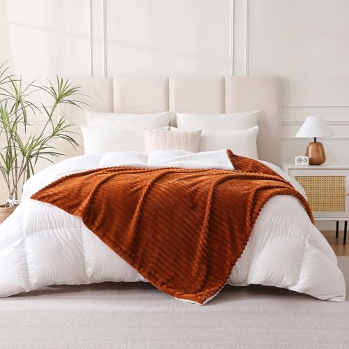 Burnt Orange Sherpa Fleece Throw Blanket 60”×80” for Couch Sofa Bed,Double Side Soft Cozy Plush Thick Flannel Blanket with Striped Design,Gift for Adults,Woman,Girls - color: Burnt Orange, size: 60×80inch