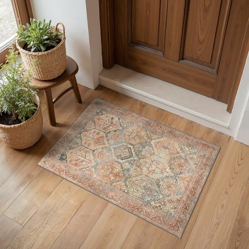 Bavni 2x3 Entryway Rug Bathroom Rugs for Front Door Bedroom Bathroom Kitchen, Washable Vintage Print Carpet, Ultra-Thin Chenille Lightweight Rug with Non Slip Backing, Clay - color: Amber/Clay, size: 2' x 3' (Rectangular)