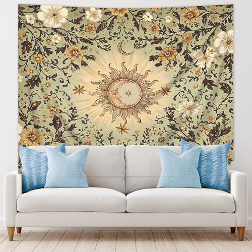 Riyidecor Boho Sun and Moon Tapestry 91Wx71H Inch Green Bohemian Floral Flower Leaves Plant Botanical Vintage Retro Rustic Country Wall Hanging Artistic Home Dorm Decor Art Living Room Bedroom - color: A-green, size: 71L" x 91W"