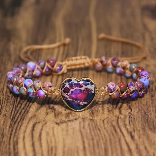 Women Boho Wrap Bracelet,Handmade Natural Stone Crystal Emperor Beads Heart Bracelet, Fashion Bohemian Jewelry Gift for Women - color: Purple Red