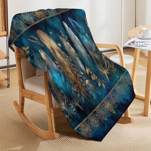 Blanket Bohemian Feather Leaf Blue Throw Blanket for Women Men, 50"x60" Galaxy Star Ornament Plush Flannel Throws, Decor for Bed Couch Bedroom - color: Bohemian Feather Leaf Blue, size: 50"x60"
