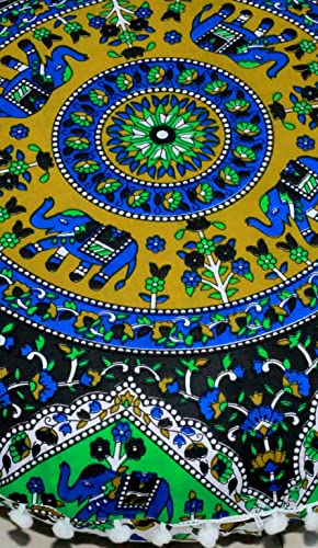 Round Mandala Floor Pillow Cover Seating Cushion Throw Cover Ottoman Pouf Cover Pom Pom Pillow Cases Hippie Decorative Bohemian Boho Indian 22 Inches (Green Blue) - color: Green Blue