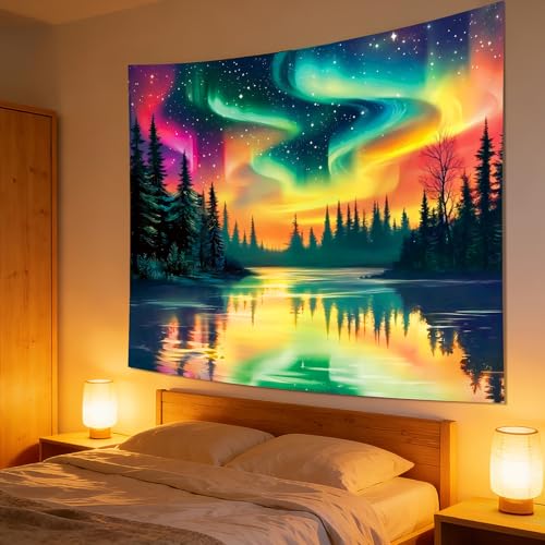 Apdidl Forest Space Tapestry for Bedroom Ceiling, Large Nature Colorful Galaxy Night Starry Sky Tapestries, Northern Aurora Landscape Tree Wall Hanging Decor for Living Room Boys (51"X60") - color: Wall Tapestry Aurora, size: 60"L x 51"W