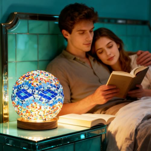 Vintage Turkish Table Lamp Mosaic Glass Light with Wooden Base 5V USB Power Tiffany Bedside Lamps for Living Room Decoration Meditation and Prayer Lighting (Baroque A - Blue, Baroque) - style: Baroque A Blue
