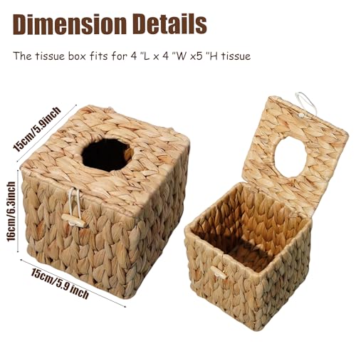 PINXIURY Tissue Box Cover Square Handwoven Rattan Tissue Box Holder, Natural Handmade, Boho Decorative Handcrafted Square Facial Tissue Holder with Lid, Rustic Decorative on Table and Bathroom, Office - color: Water Hyacinth (With Lid), size: Single