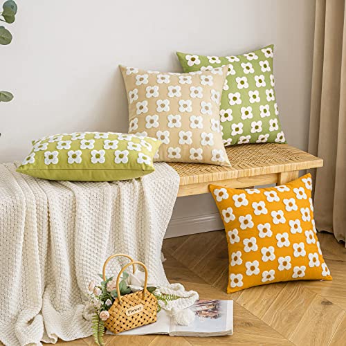EMEMA Decorative Throw Pillow Covers Daisy Sun Flower Jacquard Pillowcase Cushion Case Square for Couch Sofa Bed Living Room Bedroom Set of 2, 18x18 Inch, Khaki - color: A-khaki, size: 18" x 18" (Pack of 2)