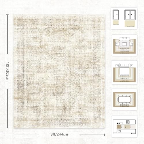 8x10 Area Rugs for Living Room, Washable Vintage Retro Floral Rug, Low Pile Non Slip Distressed Large Carpet for Bedroom, Dining Room, Office, Home (Beige) - color: I-beige, size: 8' x 10' (Rectangular)
