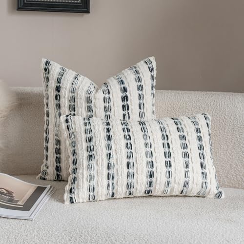 Caflife Boho Lumbar Throw Pillow Covers 12x20 Inch Set of 2, Farmhouse Black Striped Textured Chenille Decorative Couch Pillow Cases, Rustic Accent Cushion Covers for Sofa Bed Living Room Bedroom - color: Black, size: 20" x 12" (Pack of 2)