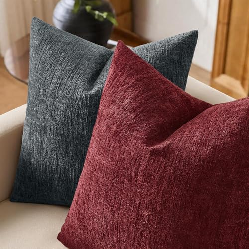 MIULEE Decorative Throw Pillow Covers 18x18 Pack of 2 Burgundy Couch Pillow Covers Soft Cozy Textured Chenille Pillowcases for Home Decor Sofa Living Room Cushion Bedroom - color: Burgundy, size: 18" x 18" (Pack of 2)