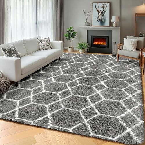 ONASAR Area Rugs for Bedroom Living Room, 4x6 Fluffy Grey and White Floor Rug, Shaggy Geometric Soft Plush Fuzzy Carpet for Nursery Teen Playroom Dorm Office Home Decor Aesthetic - color: 5- Grey / White, size: 4' x 6' (Rectangular)