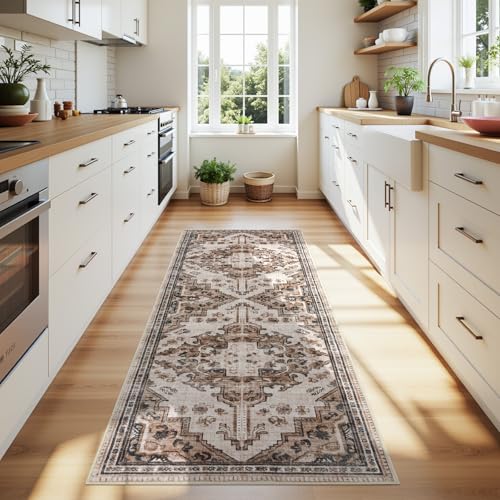Joydeco Washable 2x5 Hallway Runner Rug Vintage, Blue Grey&Light Coffee | Water Resistant Low Pile Non Slip Backing for Kitchen Entryway Bedroom Bathroom Dining Room - color: Light Coffee, size: 2' x 5' (Rectangular)