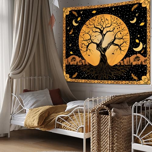 Tichgeim Tree of Life Tapestry for Bedroom Aesthetic, Orange Moon and Tree Nature Spiritual Wall Hanging, Vintage Celtic and Nordic Wall Tapestry for Living Room Decor 51in × 60in - color: Orange Tree Tapestry, size: 60"L x 51"W