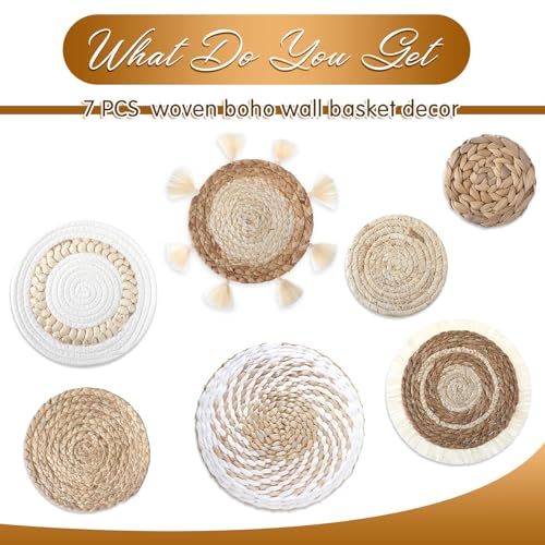 Beeveer 7 Pcs Boho Wall Baskets Decor Hanging Rustic Rattan Wicker Wall Basket for Farmhouse Living Rooms Bedrooms Kitchen Decorations(Classic Style)