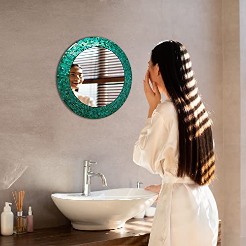 24" Round Rainbow Mosaic Wall Mirror, Multicolor Glass Tile Frame, Bohemian Decorative Accent Mirror for Living Room, Bathroom, Bedroom, Entryway, Wall Mount (Turquoise) - color: Turquoise
