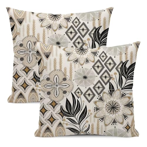 Boho Black Flower Pillow Covers 18x18 Set of 2, Khaki Floral Outdoor Decorative Botanical Flowers Tropical Leaves Throw Pillows Retro White Flower Couch Cushion Case for Chair Sofa Bedroom - color: Vc10, size: 18" x 18" (Pack of 2)