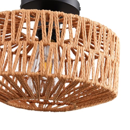 Ceiling Light Fixture,Hand-Woven Rattan Flush Mount Ceiling Light,Farmhouse Light Fixtures Ceiling Mount Boho for Hallway Bedroom Kitchen Entryway Living Room - color: 11.4 IN Ceiling Light