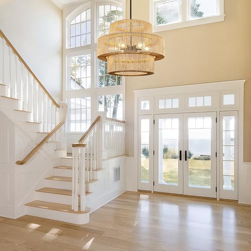 25.59" Large Hand-Woven Rattan Chandelier, 6 Lights Farmhouse Boho Chandelier Light Fixtures, Rustic Bamboo Wicker Chandeliers for Dining Room, Kitchen Island, Living Room, Stairway - color: Beige, size: 25.59 Inch