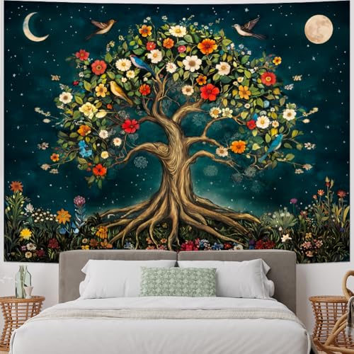 Amtoodopin Tree of Life Tapestry Mystic Boho Flowers Tapestry Vintage Aesthetic Tree Wall Tapestries Retro Nature Floral Plants Tapestries Wall Hanging for Bedroom - size: 59.1"L x 51.2"W