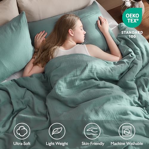 EMME Muslin Cotton Duvet Cover Set Teal Queen Size Linen Like Soft Breathable Lightweight Summer Comforter Cover Set with Zipper Closure (Teal, Queen, 90"x90") - color: 03 - Teal, size: Queen(90"×90")