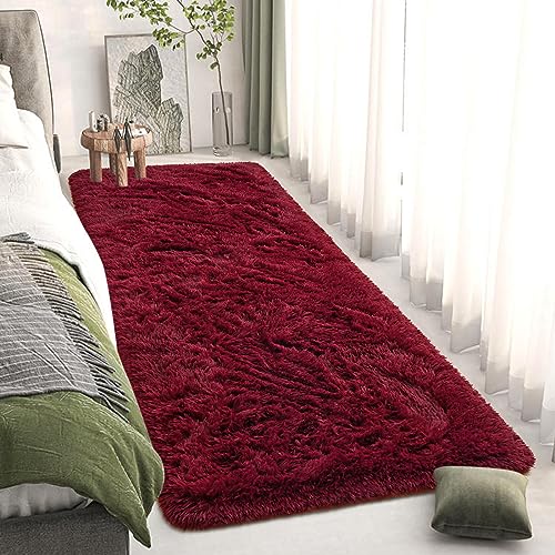 DweIke Fluffy Burgundy Red Runner Rugs for Bedroom, 2x6 Feet Soft Plush Long Runners for Girls Boys Kids, Non-Slip and Machine Washable Bedside Rug, Small Throw Carpet for Hallway Rooms Decor - color: Wine Red, size: 2 Ft X 6 Ft