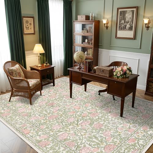 GarveeHome Pink and Green Vintage Floral Washable Rugs 6x9 for Living Room Boho Retro Botanical Rug Low Pile Stain Resistance Non Slip Carpet for Bedroom Nursery Dining Room - color: A Beige / Pink, size: 6' x 9' (Rectangular)