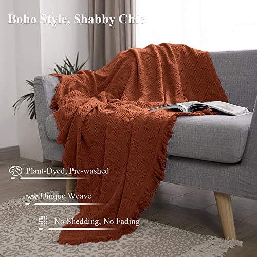 Simple&Opulence 100% Cotton Throw Blanket for Bed, Couch, Boho Luxury Geometric Woven Blanket with Tassels Soft Lightweight Cozy Breathable, Vintage Farmhouse Decoration for All-Season(Rust Orange) - color: Rust Orange