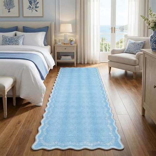 GarveeHome 2.5x8 Scalloped Washable Runner Rug for Kitchen, Soft Blue Long Hallway Runner Non Slip Entryway Rug Farmhouse Thin Laundry Mat Stain Resistant Carpet for Bathroom Beside Rug - color: Baby Blue, size: 2'6" x 8' (Rectangular)