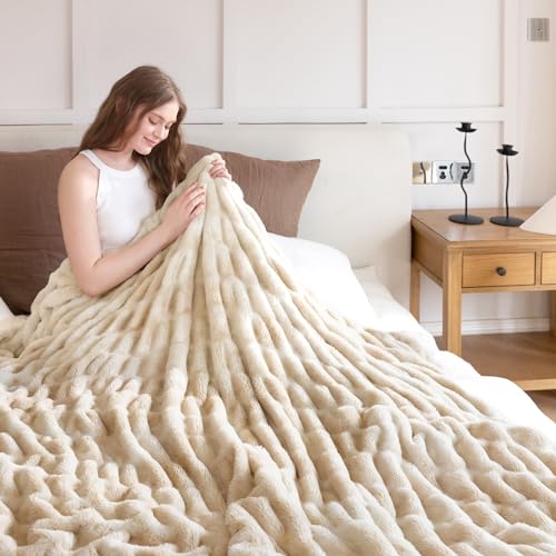 Faux Rabbit Fur Throw Blanket, Ultra Soft Plush Cozy Blanket for Couch Bed, Thick Fluffy Ruched Tie-Dye Decorative Blanket, Giftable,60"x80",Tie-Dye Khaki - color: Tie-dye Khaki, size: Twin(60"x80")