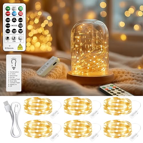 ZSJWL 6 Pack Rechargeable Fairy Lights with Remote & DIY Timer, 7Ft 20LED Mini Battery String Light, Twinkle Silver Copper Wire Lights for Wedding Party Bedroom Christmas Table Decoration(Warm White) - color: Warm White, size: 6 Pack – Rechargeable