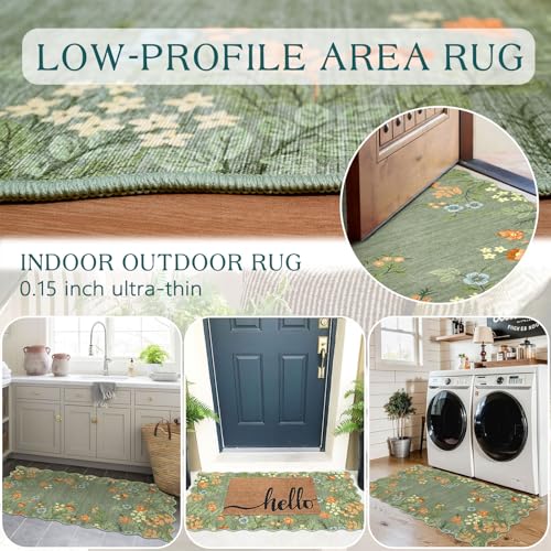 Front Door Mat Indoor Entrance - 2x4.3 Ft Sage Green Floral Washable Layered Doormat Outdoor Entrance Porch Rug Non-Slip Boho Runner Rug for Kitchen Hallway Bedroom Laundry Room Porch Decor - color: Floral - Green, size: 2' x 4'3" (Rectangular)