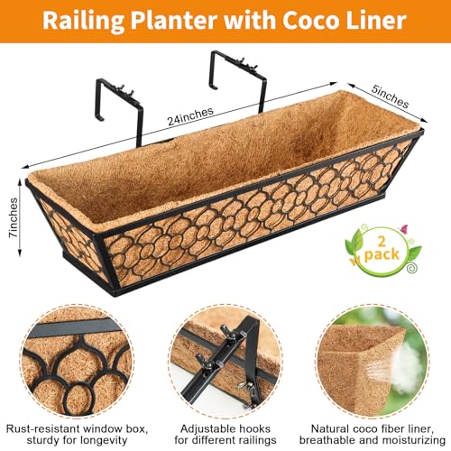 Riare 2 Pack 23 Inch Window Boxes Planters with Coco Liner, Metal Deck Railing Planter Boxes, Balcony Planters Railing Hanging, Horse Trough Window Flower Planter Boxes for Outdoor Porch Fence Patio - size: 23Inch