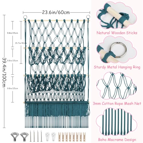 3 Tier Stuffed Animal Storage Shelf Net, 24x39 Inch Large Plushie Net w/LED Light & Clips for Mini Medium Stuffy Teddy, Aqua Boho Macrame Wall Toy Holder Display for Nursery Kids Girls Boys - color: Aqua, size: Large-3 Tier-24x39 Inch