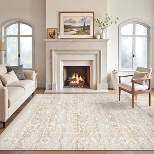 Soalmost 5x7 Area Rugs for Living Room, Washable Vintage Floral Non-Slip Low Pile Neutral Rug Soft Throw Carpet for Dining Room Bedroom Home Office Nursery (Beige, 5'x7') - color: Beige, size: 5' x 7' (Rectangular)
