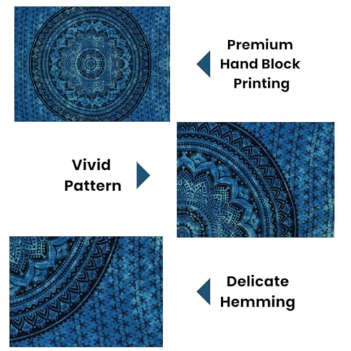 FURNISHFUL FINESSE Hand Block Printed Cotton Mandala Wall Tapestry - Blue Ombre Boho Wall Decor, Bohemian Hippie Room Hanging for Bedroom, Dorm & Living Room Aesthetic - 90X108, Blue - color: Blue, size: 108"L x 90"W
