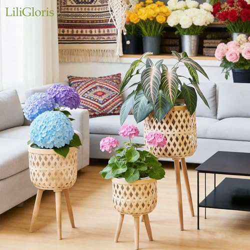 Boho rattan plant stand set of 2/3 – handwoven tall elevated wicker plant baskets for indoor plants, mid-century modern wooden planter holder with tripod legs,no-tool assembly，apartment gardening， farmhouse home decor, ideal gift for houseplant lovers - s