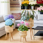 Boho rattan plant stand set of 2/3 – handwoven tall elevated wicker plant baskets for indoor plants, mid-century modern wooden planter holder with tripod legs,no-tool assembly，apartment gardening， farmhouse home decor, ideal gift for houseplant lovers - s