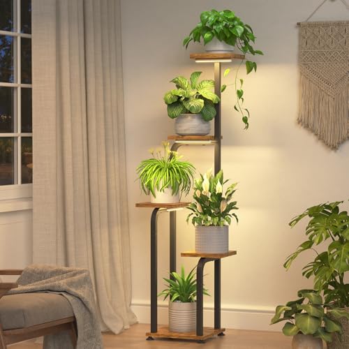 iDavosic.ly Tall Plant Stand Indoor with Grow Light, 4 Tier Corner Multiple Flower Holder Shelf with Wooden Trays, Space Saving Display Rack for Living Room Balcony Patio Porch | Black & Brown - color: Brown with Light