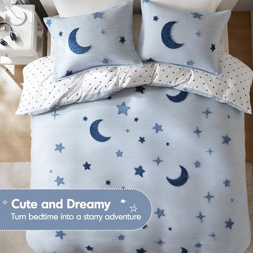 Intelligent Design Kids Cosmos Full Size Duvet Set – Blue Star and Moon Tufted Chenille, Reversible 3-Piece Bedding with Star Pillow, Full/Queen - color: Blue, size: Full/ Queen