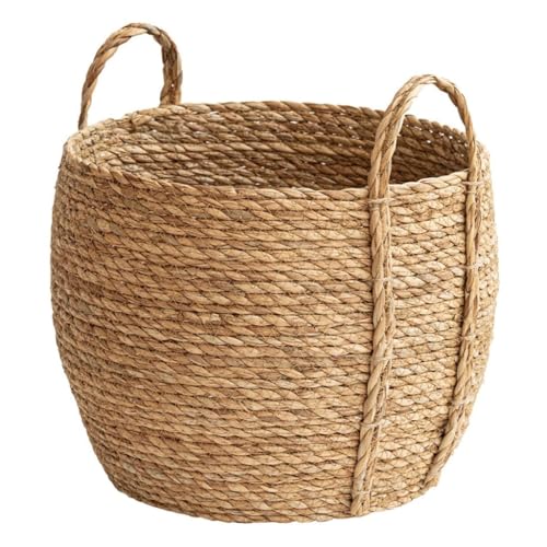 Wicker Planter Basket, Rattan Grass Woven Flower Basket, Decorative Round Wicker Woven Rope Storage Blanket Basket with Woven Handles,Planter Pot for Living Room (Small)