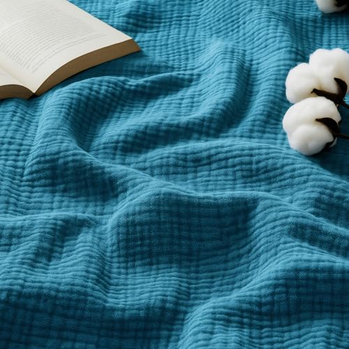 Bedsure 100% Cotton Muslin Throw Blanket Large 50x70 Inches - 4-Layer Breathable and Lightweight Thin Soft Summer Gauze Muslin Blankets for Adults, Teal, Boho Cotton Throw for Couch - color: 01 - Teal, size: Throw XL (50" X 70")